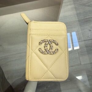 CHANEL 19 Light Yellow Card Holder Compact Wallet